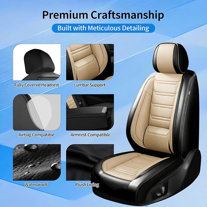 Fit Trax Car Seat Covers for Chevrolet/Chevy Trax 2015-2026, Premium Full Coverage Leather, Waterproof All Weather Seat Protector, Airbag Compatible, Scratch Resistant, Full Set, Black+Beige