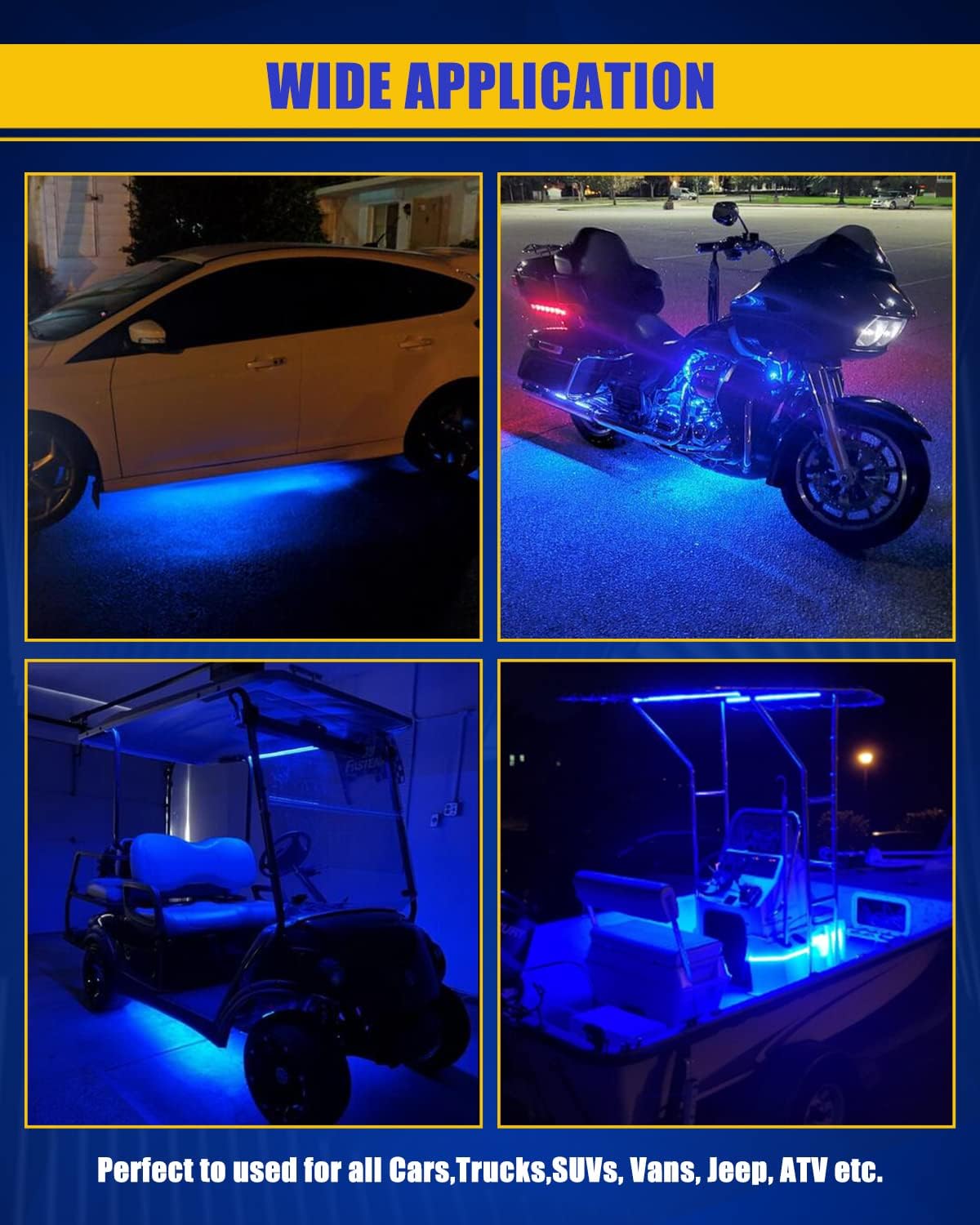 Blue Led Strip Lights,24inch 12V Car LED Strip Light IP68 Waterproof Cuttable for Car Motorcycles Boat Golf Cart Truck Cargo Home Decoration with Strong Nano Tape,(4PCS)
