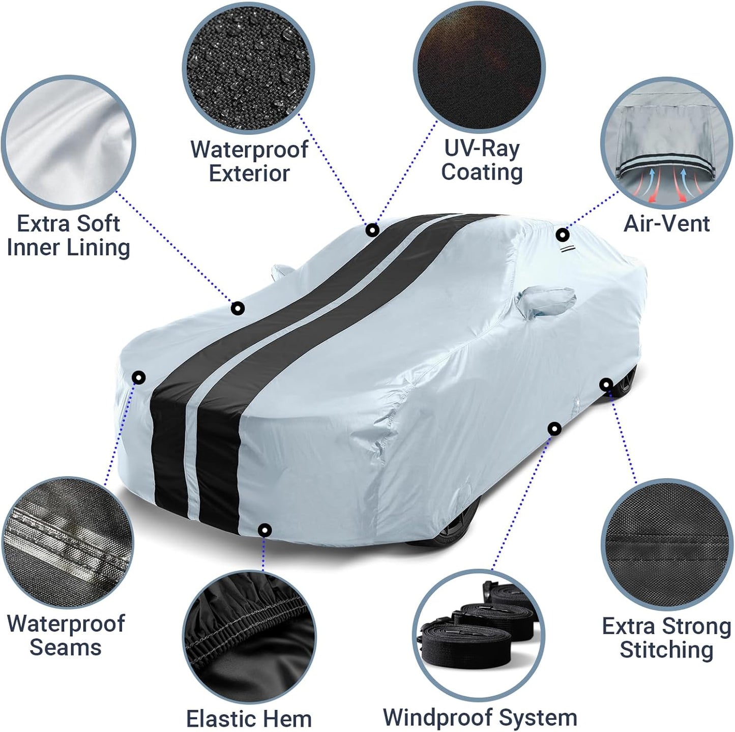 iCarCover Custom Car Cover for Chevy Sonic Sedan (2012-2020) Waterproof All Weather Rain Snow UV Sun Protector Full Exterior Indoor Outdoor Car Cover (Stripe - Gray/Black)