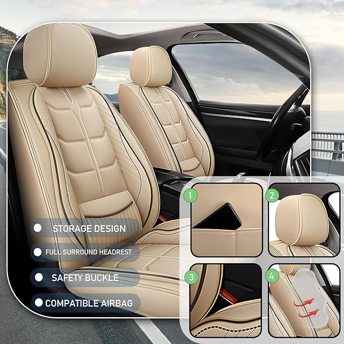 Leather Car Seat Covers Fit for Toyota RAV4 Hybrid 2016-2024, 5 Seater Car Seat Cover, Premium Waterproof, Scratch Resistant Car Interior Accessories (Full Set Beige)