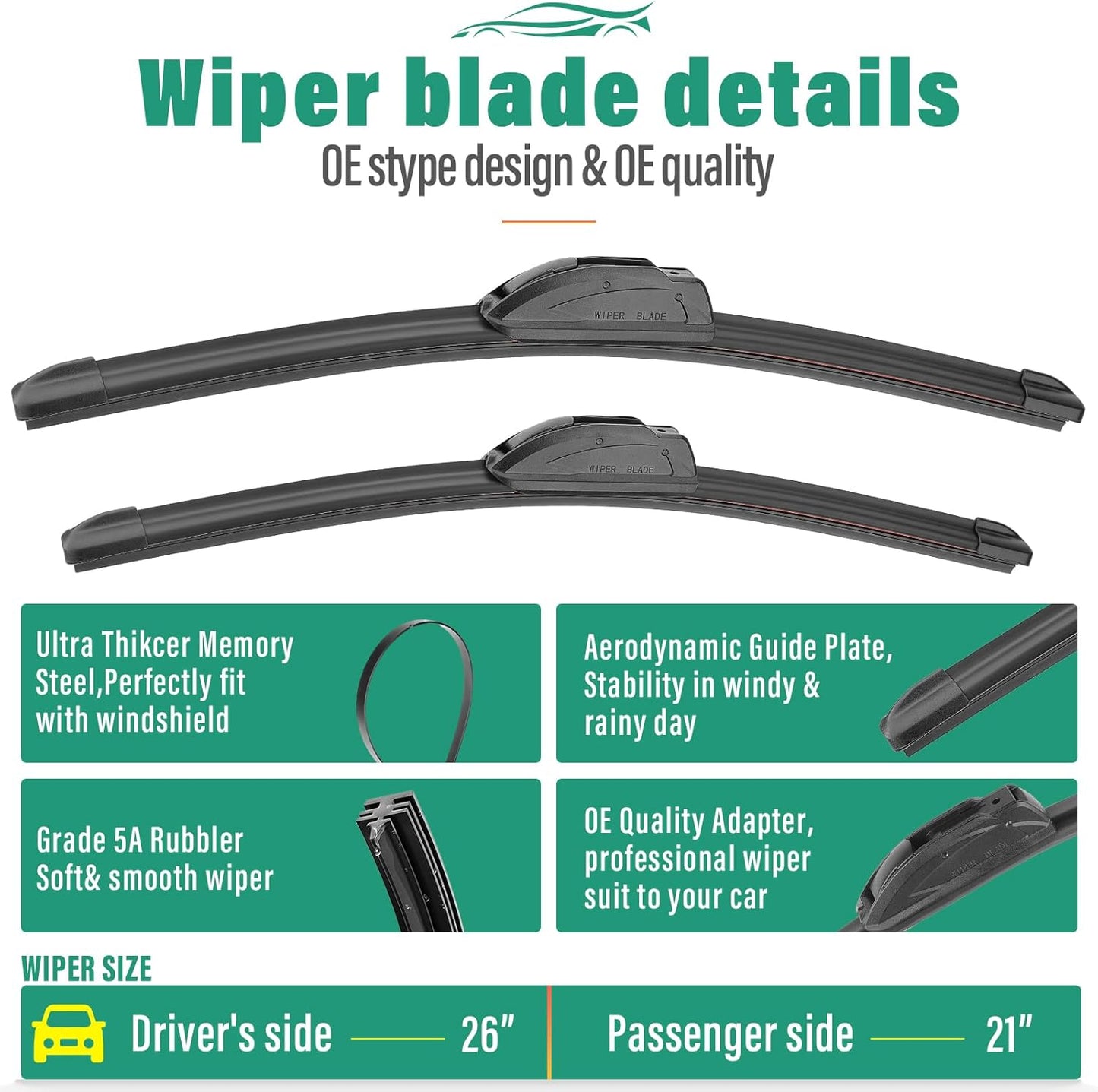 26" 21" 12" Windshield Wiper Blades Replacement for Acura MDX 2007 2008 2009 2010 2011 2012 2013 Premium All Weather Front Rear Wipers Set - OEM Quality (Pack of 3)