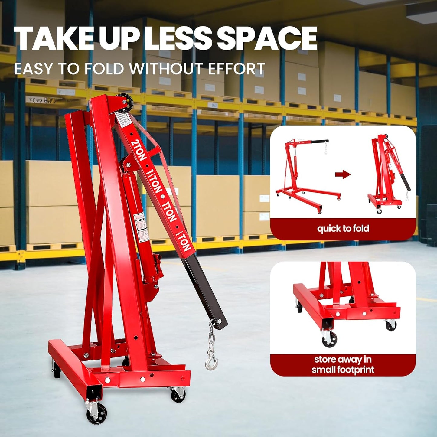 5500 Lbs Folding Engine Hoist, 2.5 Ton Engine Crane with Lever, with 6 Casters, 8 Ton Hydraulic Pump 4 Adjustable Position, Cherry Picker for Garage, Workshop, Repair
