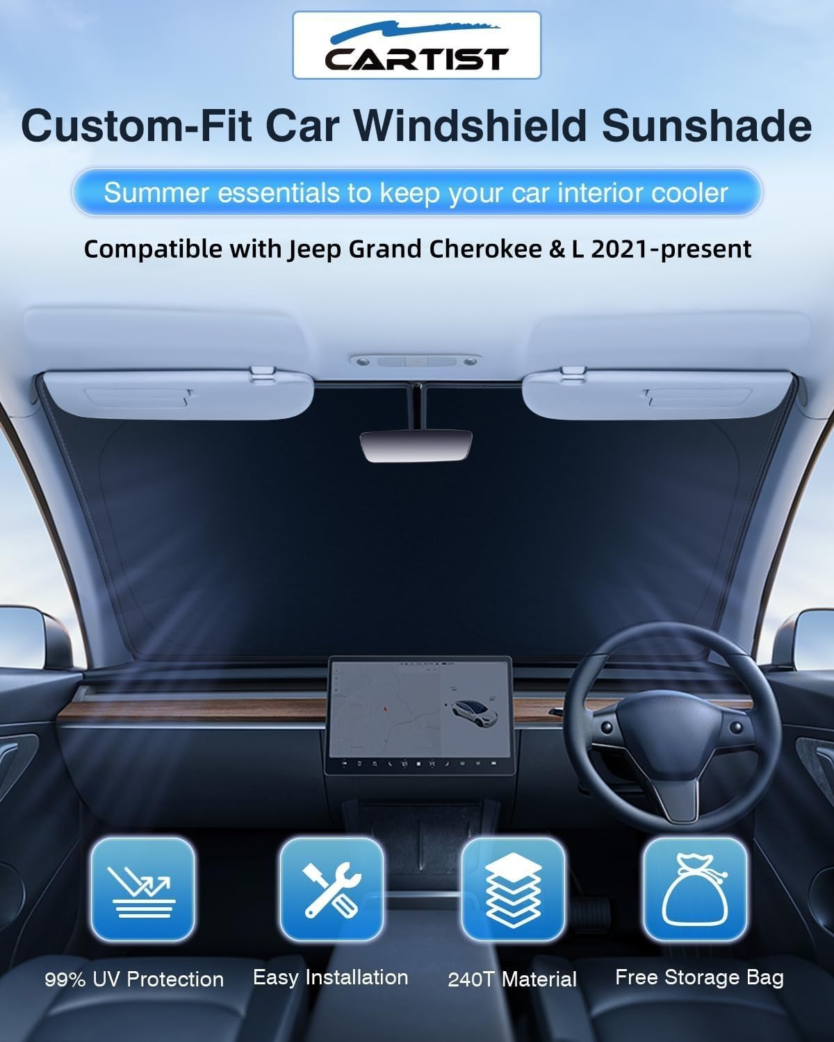 Windshield Sun Shade Fit for Jeep Grand Cherokee/Grand Cherokee L 2021-2024 2025, Sunshades for Grand Cherokee Accessories Foldable Window Sun Shade Sun Visor UPF50+