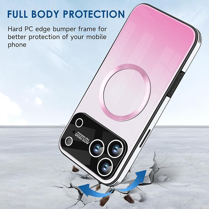 Guppy Compatible with iPhone 17 Pro Magnetic Case, with Full Camera Lens Protector [Compatible with MagSafe] Scratch Resistant Gradient Glass Back Cover Phone Case-Pink
