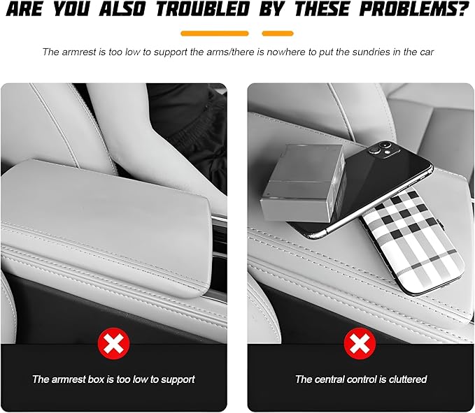 Zpana Car Center Console Armrest Pillow, Memory Foam Leather 4 in 1 Vehicle Arm Rest Cover with Tissue Box 2 Side Storage Bag Cup & Phone Holder, Auto Armrest Cushion, Universal Fit (Orange)