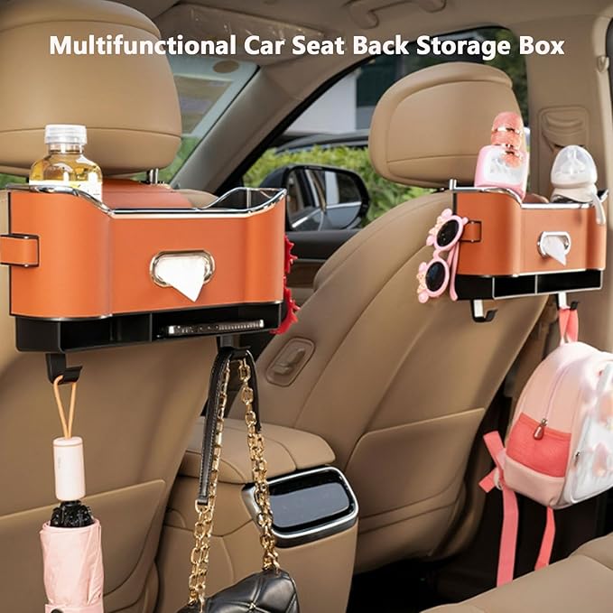 Multifunctional Car Seat Back Storage Box, Multifunctional Car Logo Seat Back Storage Box, Universal back seat car organizer, Car Tissue Organizer Back Seat with 2 Drink Cup Holder (Brown)