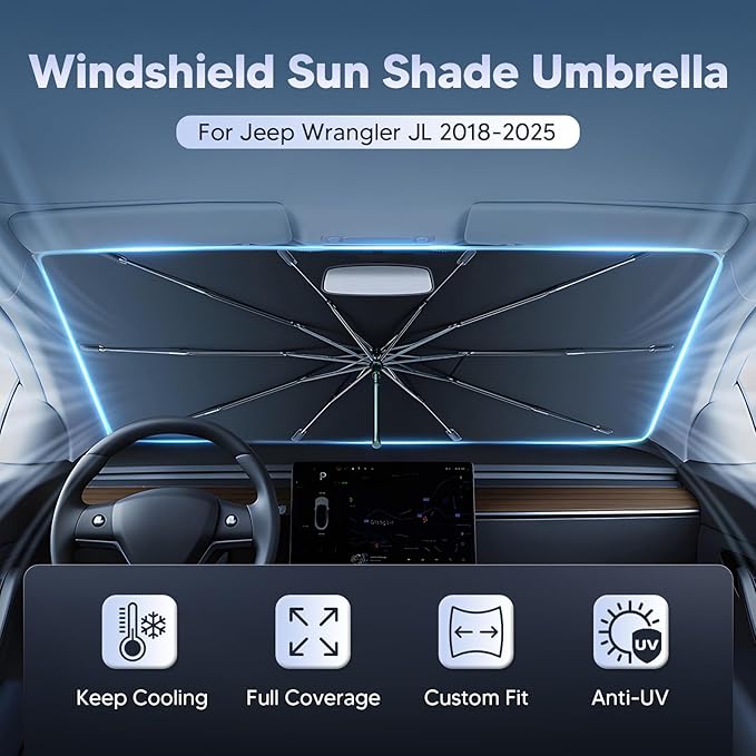 Autorder Windshield Sun Shade Umbrella for 2018-2026 Jeep Wrangler JL Accessories,Upgraded Ice Crystal Material,Easy Setup Umbrella Sunshade for Car Windshield,100% Sun Blocking