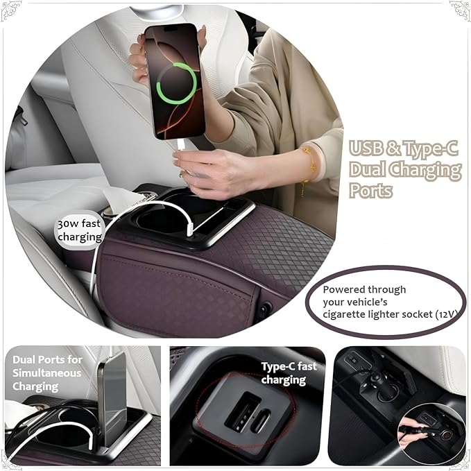 2026 Upgraded Car Center Console Cushion with 30w USB& Type-C Charging Ports, Leather Car Armrest Pad Cover, Interior Accessories for Most Vehicles (Classic Flat Version, Black)