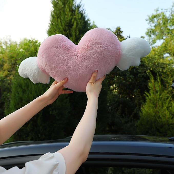 2 Pack Heart Shaped Cute Car Headrest Pillow with Angel Wings Comfortable Soft Head Rest Cushion Kawaii Car Accessories Neck Pillow for Driving Travelling Office Home Decor - Tie dye Color Love Heart