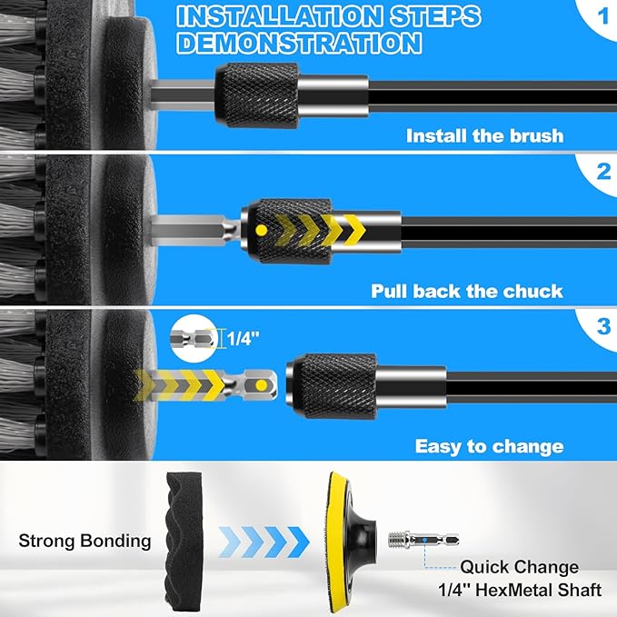 THINKWORK Car Detailing Kit, Car Detailing Brush Set, Car Cleaning Drill Brush Kit with Extension Pole, Professional Auto Detailing Supplies for Automobile Interior Exterior Wheels