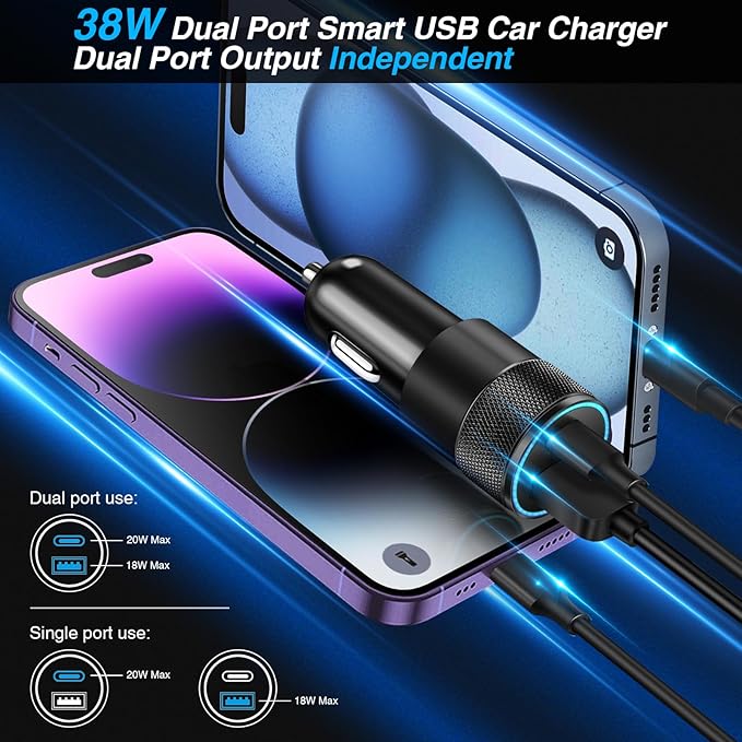 Car Charger, 5 Pack 38W Dual Ports USB-C & USB-A Car Chargers Adapter Fast Charging Cigarette Lighter USB Charger for iPhone 16 15 14 13, Samsung S24, Pixel Cargador para Carro Phone Plug for Car