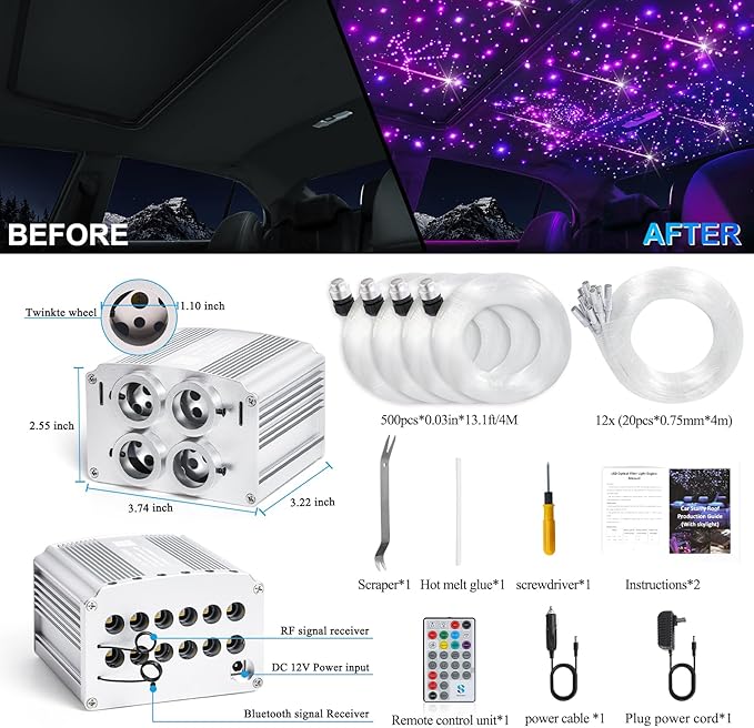 Car Starlight Headliner Kit, 4 Colors 32W Twinkle & Meteor Fiber Optic Ceiling Lights, 2 in 1 Light Engine 500pcs*0.03in*13.1ft+240 RGBW Shooting Stars Lights for Car Home Roof Décor