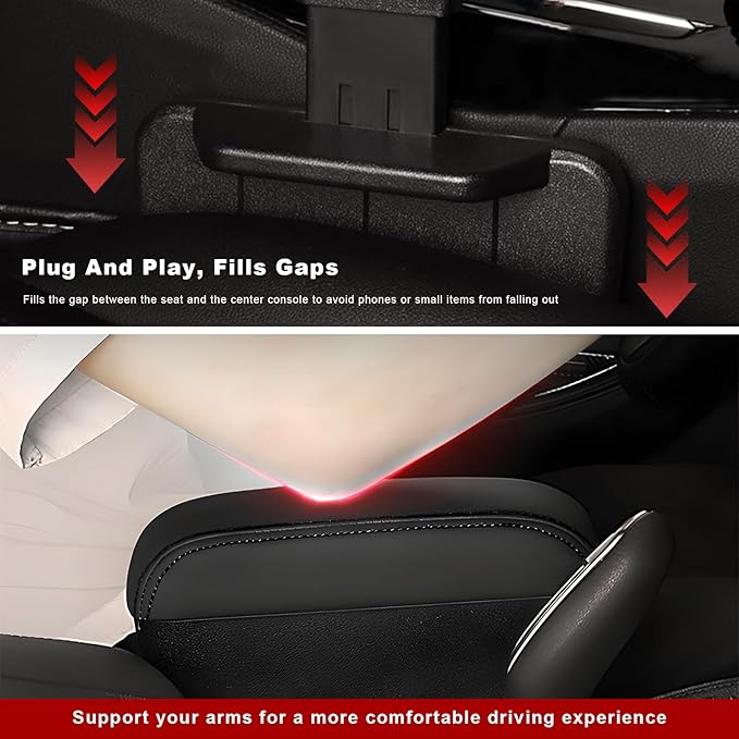 Car Armrest Storage Box with Cup Holder, Adjustable Leather Auto Seat Gap Filler Armrest Extender Pad, Liftable Forearm Wrist Support Center Console Storage Case for SUV Truck (Black)