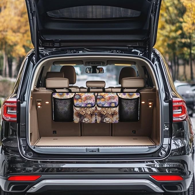 Floral Highland Cow Car Trunk Organizer Sturdy Trunk Hanging Storage Bag with 4 Compartments Backseat Car Organizer for SUV,Truck,Van