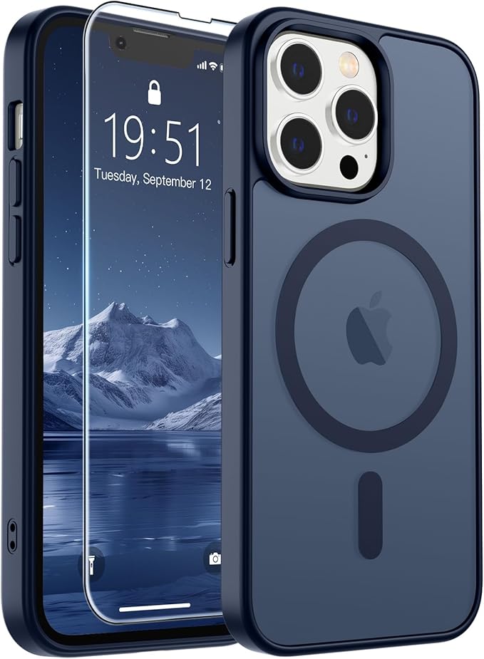 SUPFINE Magnetic for iPhone 13 Pro Max Case with Screen Protector (Compatible with MagSafe) (Military Grade Drop Protection) Translucent Matte Shockproof Phone Cover,Dark Blue