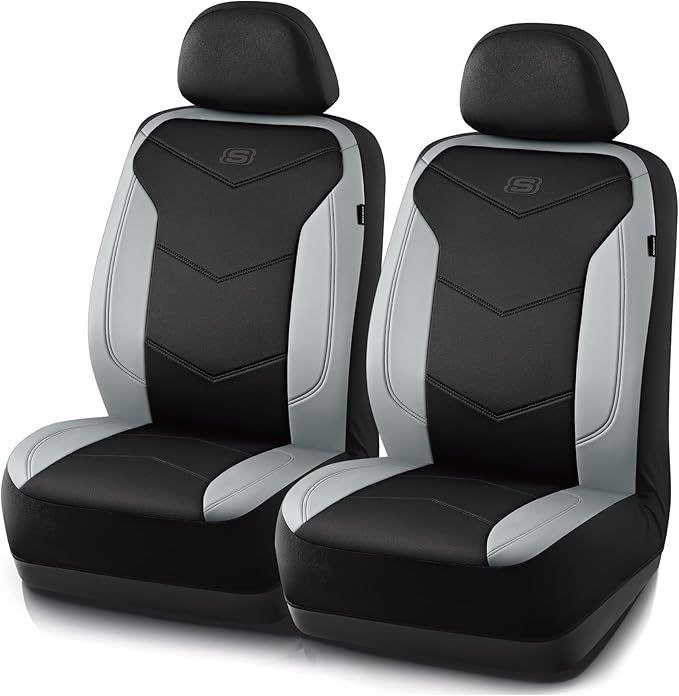Skechers Memory Foam Seat Covers,Leather Car Seat Covers, Ultimate Comfort & Support Front Seat Covers Airbag Compatible, Automotive Universal Fit Most for SUVs, Vans, Sedans, Cars, Trucks,Gray