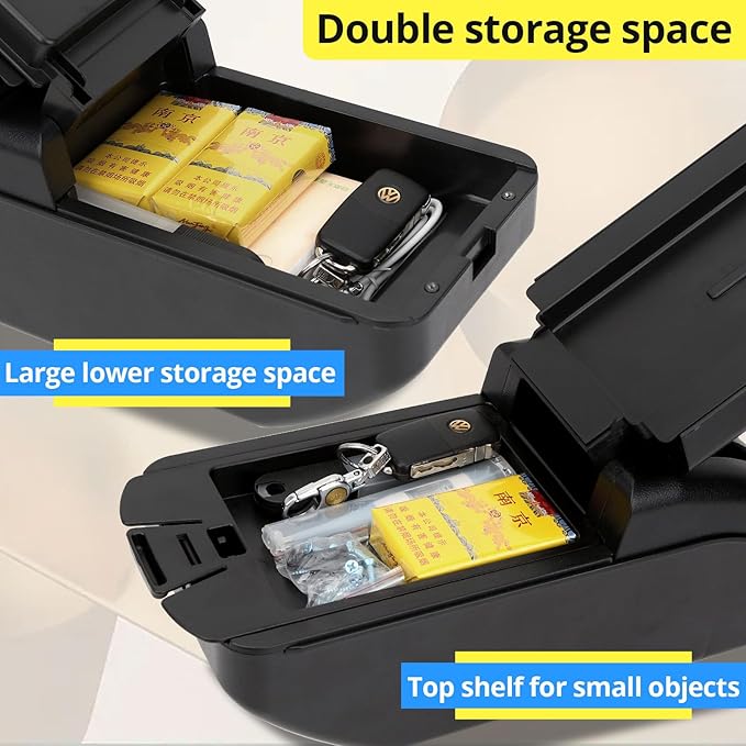 AULPHIKE Compatible with Nissan March Micra Armrest 2011-2016 Car Center Console Organizer Armrests Double Layer Storage with USB Ports（Carbon Fiber Style）