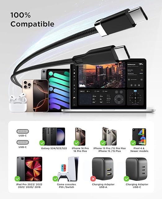 Magtame USB C to USB C Cable, 3.3FT StayCable with Anti-Drop Magnetic Holder, Braid 60W Type C Fast Charging Cord for Bedside/Car, Compatible with iPhone 17/16, Laptop