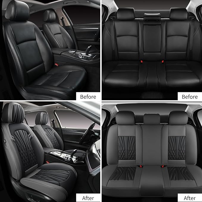 Leather Car Seat Covers,Car Seat Protector Waterproof,Seat Covers Full Set, Car Seat Protectors 5 Seats,Automotive Seat Covers Fit Most Cars Grey&Black