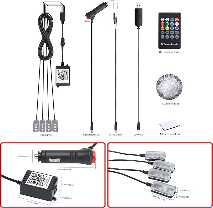 Car Ambient Lighting Kit 64 Colors Multicoloured Music Footwell Lighting RF Remote + APP Control Car DIY Decorative Atmosphere Lighting DC 12V 1W