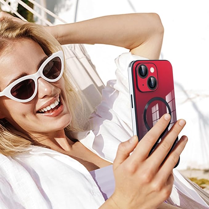 Guppy Compatible with iPhone 15 Case Magnetic, with Full Camera Lens Protector [Compatible with MagSafe] Scratch Resistant Gradient Glass Back Cover Phone Case-Red