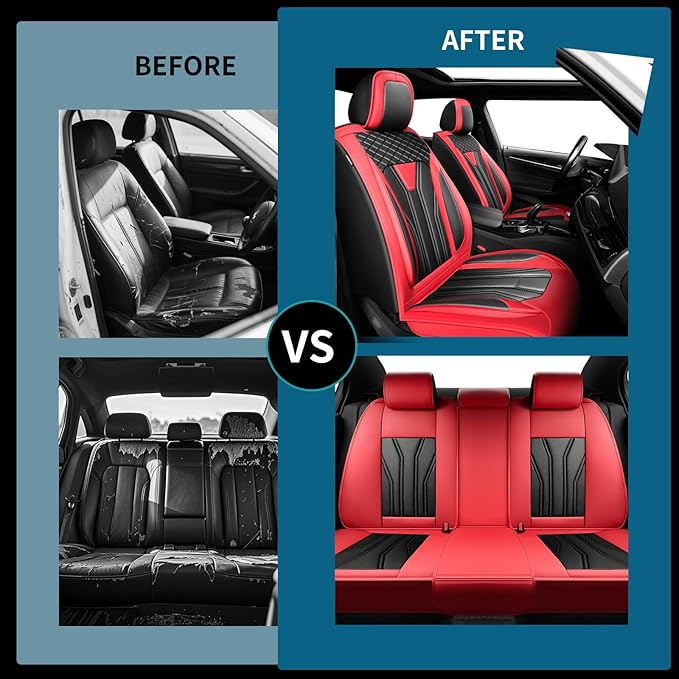 Fit Kicks Car Seat Covers， Compatible with Nissan Kicks 2018-2026 -Premium Leather, Waterproof Breathable All-Weather Seat Cushion Protector Airbag Compatible（2 Seats Front Pair，Red & Black