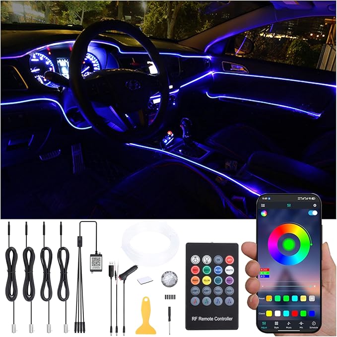 Car Ambient Lighting Optic Fiber 64 Colors Music Sound Active with RF Remote Control + APP Control Car Decorative Atmosphere Lighting Kit DC 12V 1W 5m