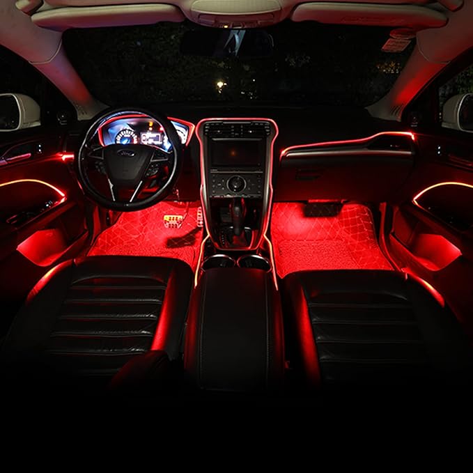 Car Interior Ambient Lighting Optic Fiber RGB 64 Colors Multicoloured Music Car Footwell Lighting Kit with Cigarette Lighter and App Microphone, 12-24V 4m