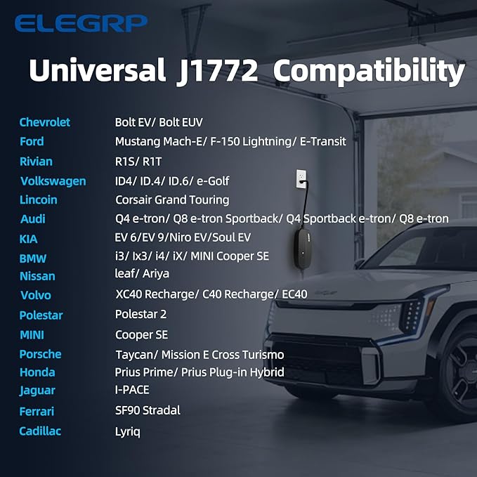 ELEGRP Level 1/2 EV Charger, 16 Amp, Portable J1772 Electric Car Charger, 16FT Cable, NEMA 6-20 & 5-15 Adapter, 110V-240V for BEVs/PHEVs, PBE & LRC Technology