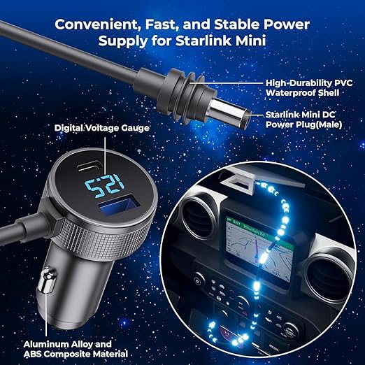 Starlink Mini Cable, 3 in 1 Starlink Mini Car Charger DC Power Cable+ Cigarette Lighter Adapter 12V-48V with Digital Display, Durable USB C PD 40W and USB A 35W Ports for Trucks and Cars (13.1FT)