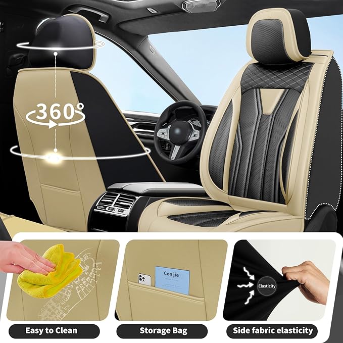 Fit Prius Car Seat Covers for Toyota Prius 2001-2025 2026 -Full Set Premium Leather, Waterproof, Breathable，All-Weather Seat Cushion Protecto & Airbag Compatible, 5-Seats Beige & Black