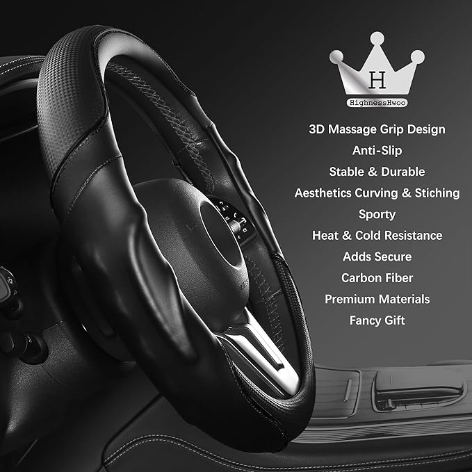 3D Car Steering Wheel Cover Comfort Grip Massage Sporty Anti-Slip Carbon Fiber Faux Leather for Sedan SUV, Universal Fit, Car Handle Covers for All Seasons, 14.75-15.15in, Black