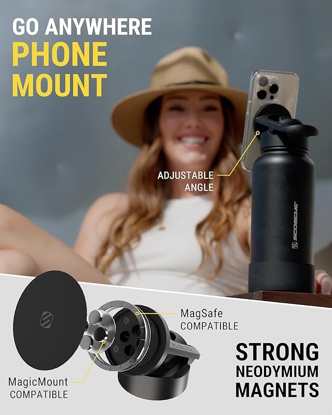 Scosche MFMS32 MagicMount Flask 32 oz Stainless Steel Water Bottle with MagSafe Phone Mount Stand, 12H Hot & 24H Cold, Insulated Flask with Magnetic Phone Holder for Gym, Travel, Sports, 32oz White