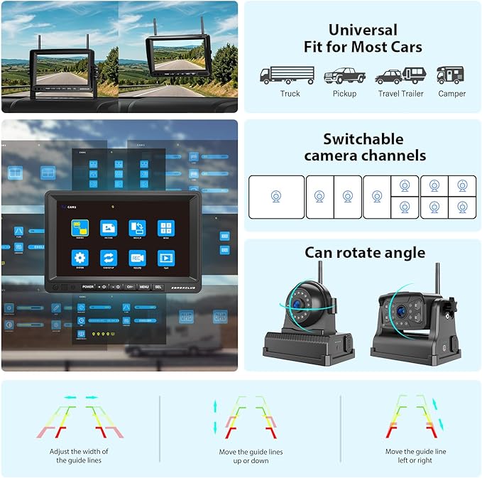 ZEROXCLUB Magnetic Wireless Backup Camera: 7" HD 1080P DVR Monitor with 1 Rear View, 2 Side View Cameras, IR Night Vision, Portable Rechargeable Camera for RV/Trailer/5 Wheels/Camper BC703