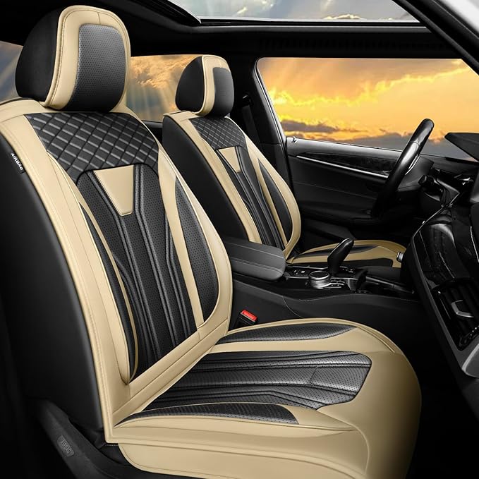Fit Altima Car Seat Covers Compatible with Nissan Altima 2011-2025 2026 - Full Set Premium Leather， Waterproof Breathable， All-Weather Seat Cushion Protecto&Airbag Compatible （Beige & Black