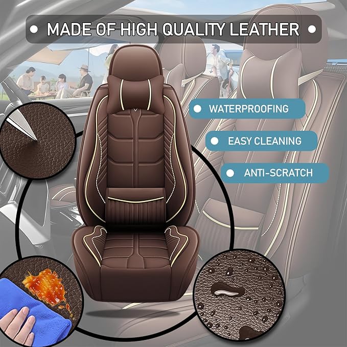 Leather Car Seat Covers Fit for Toyota Tundra 2000-2024, 5 Seater Car Seat Cover, Premium Waterproof, Scratch Resistant Car Interior Accessories (Full Set with Pillow Coffee)