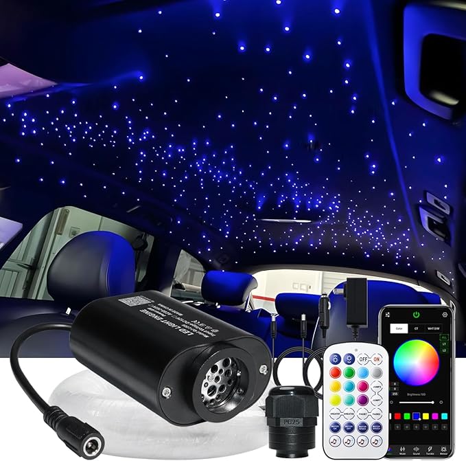 AZIMOM Mini 6W Twinkle 600pcs Fiber Optic Starlight Headliner Kit for Car Home 0.03in 13.1ft End Glow Fiber Strands Sound-Activated APP& Remote Control Starlight Engine