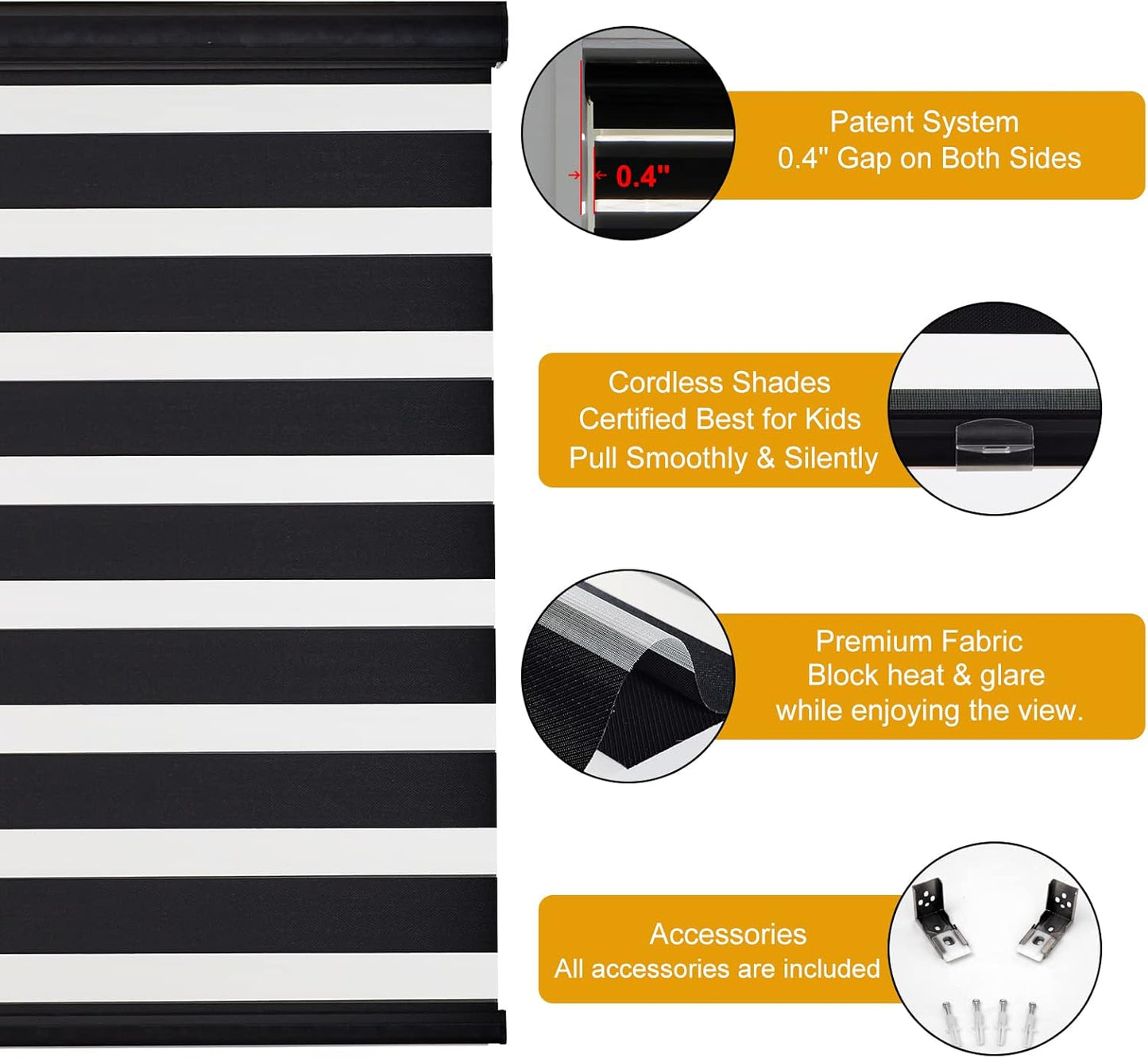 Persilux Cordless Zebra Blinds for Windows (35" W X 72" H, Black) Free-Stop Dual Layer Roller Windows Shades for Day and Night, Light Filtering Sheer Shades for Home, Easy to Install