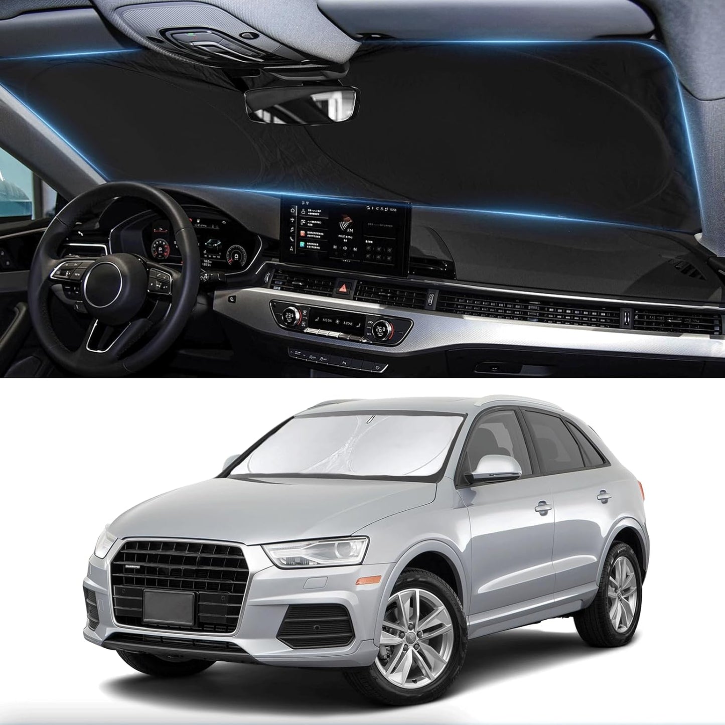 Custom fit Q3 Windshield Sunshade for 2013-2024 2025 2026 Audi Q3 Front Window Shades Cover for Windshield Sun Visor Screen Protector 210T Reflective Blocks UV Rays Cool Car Accessories