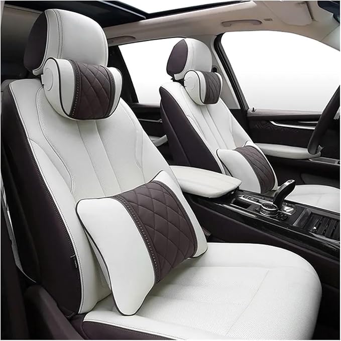 Car seat headrest Leather Car Fit for Seat Rest Cushion Headrest Car Neck Pillow Fit for BMW (Color : Beige Black)