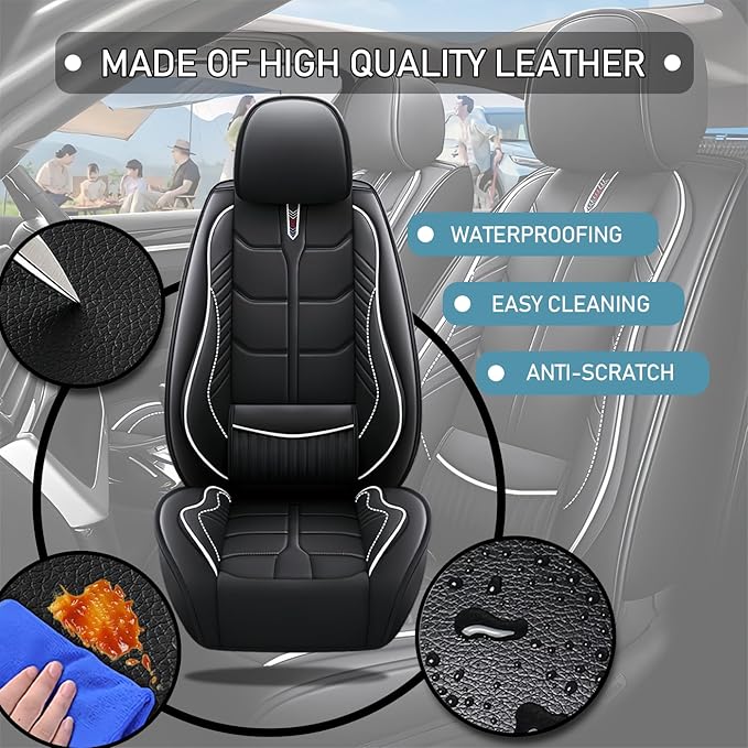 Leather Car Seat Covers Fit for Toyota Yaris 2007-2020, 5 Seater Car Seat Cover, Premium Waterproof, Scratch Resistant Car Interior Accessories (Full Set Black White)
