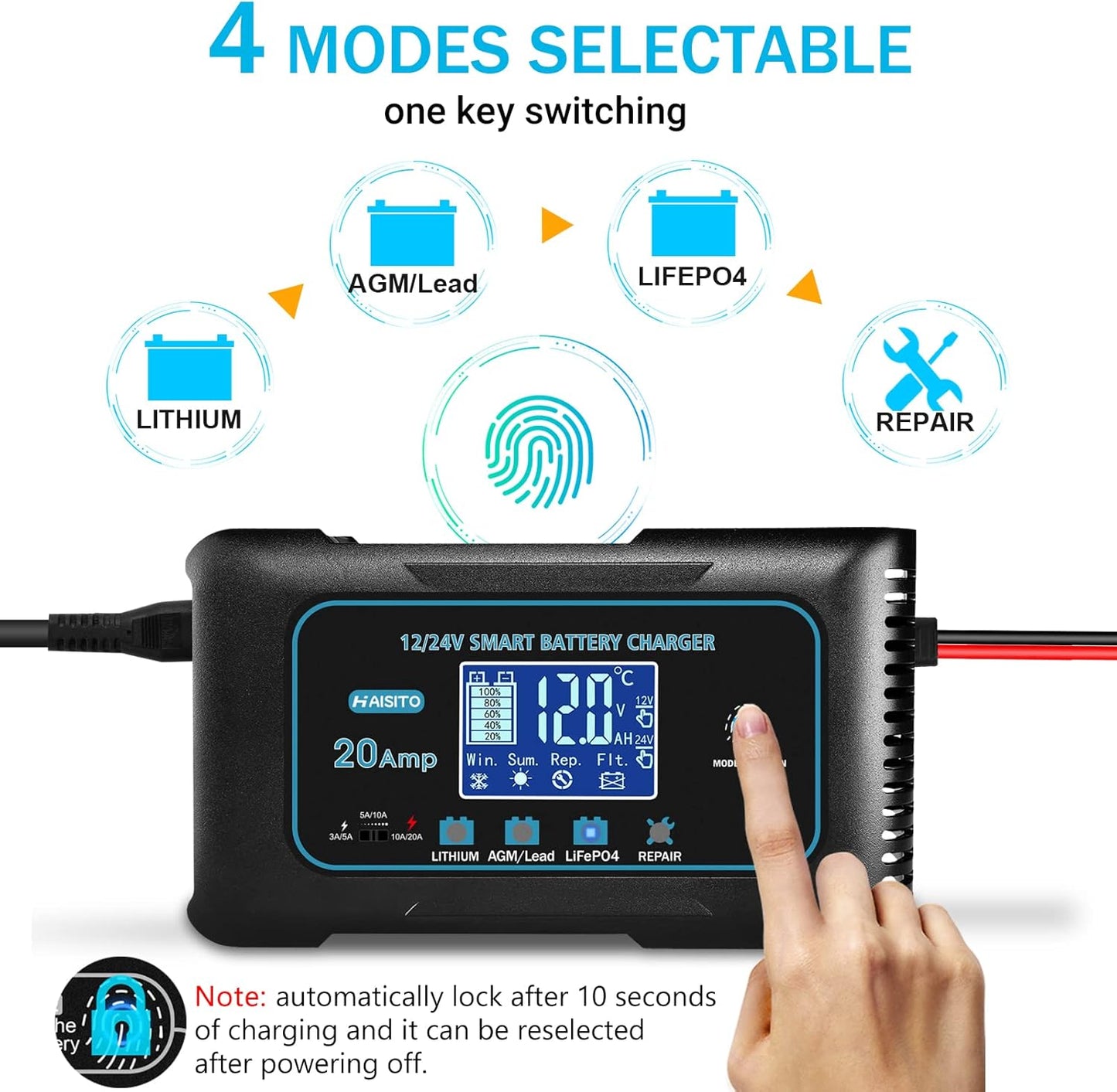 Haisito: 20A 12V/24V Smart Battery Charger –Automatic Maintainer, Trickle Charger & Desulfator with Overcharge Protection & Temperature Compensation – for Lead-Acid,LiFePO4 & Lithium Batteries