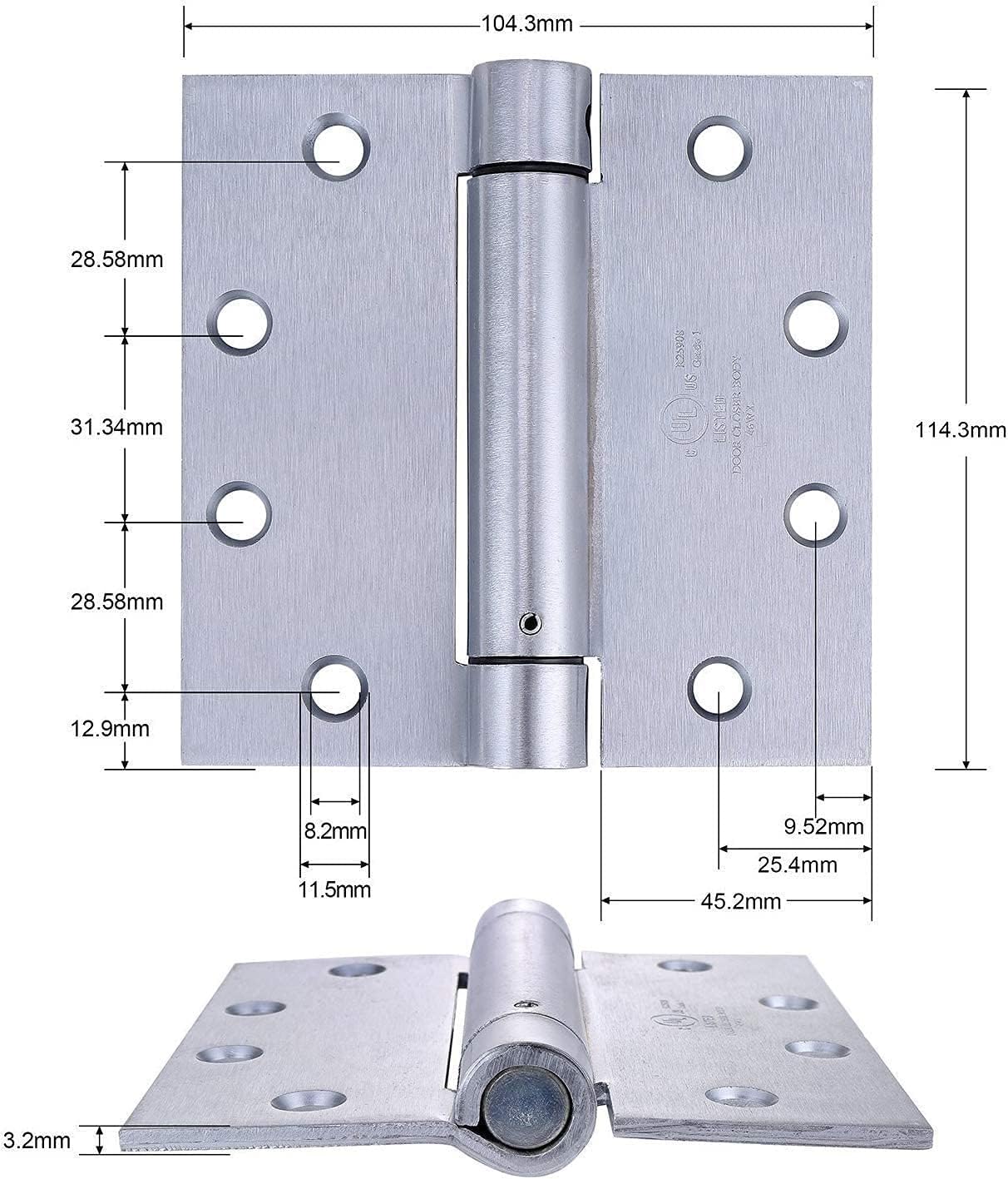 2 Pack - 4.5"x4" Brushed Satin Chrome Finish Self Closing Reversible Door Hinge - Heavy Duty Commercial Spring Door Hinge - UL Listed with Complete Installation Hardware