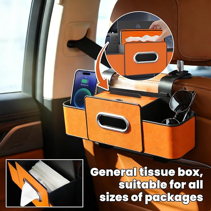 Multifunctional 3‑in‑1 Car Seat Back Storage Box Organizer with Cup Holders, Tissue Box Slot & Headrest Hooks – Backseat Car Organizer for Phones, Snacks, Drinks, Bags, Travel Storage (Black)
