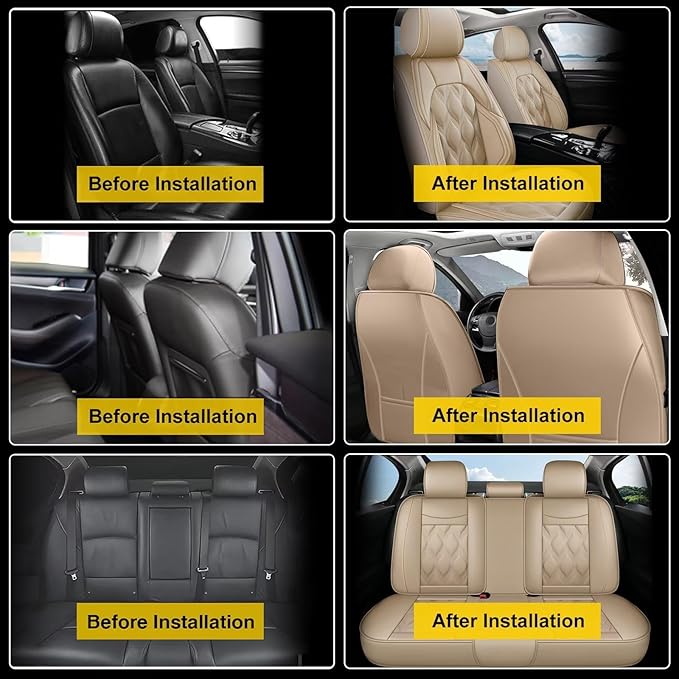 AOMSAZTO Car Seat Covers,Full Set 5 Seats Custom Fit for Ford Flex 2011-2019,Leather Car Seat Cover Seat Cushion Protector,Airbag Compatible Waterproof Beige