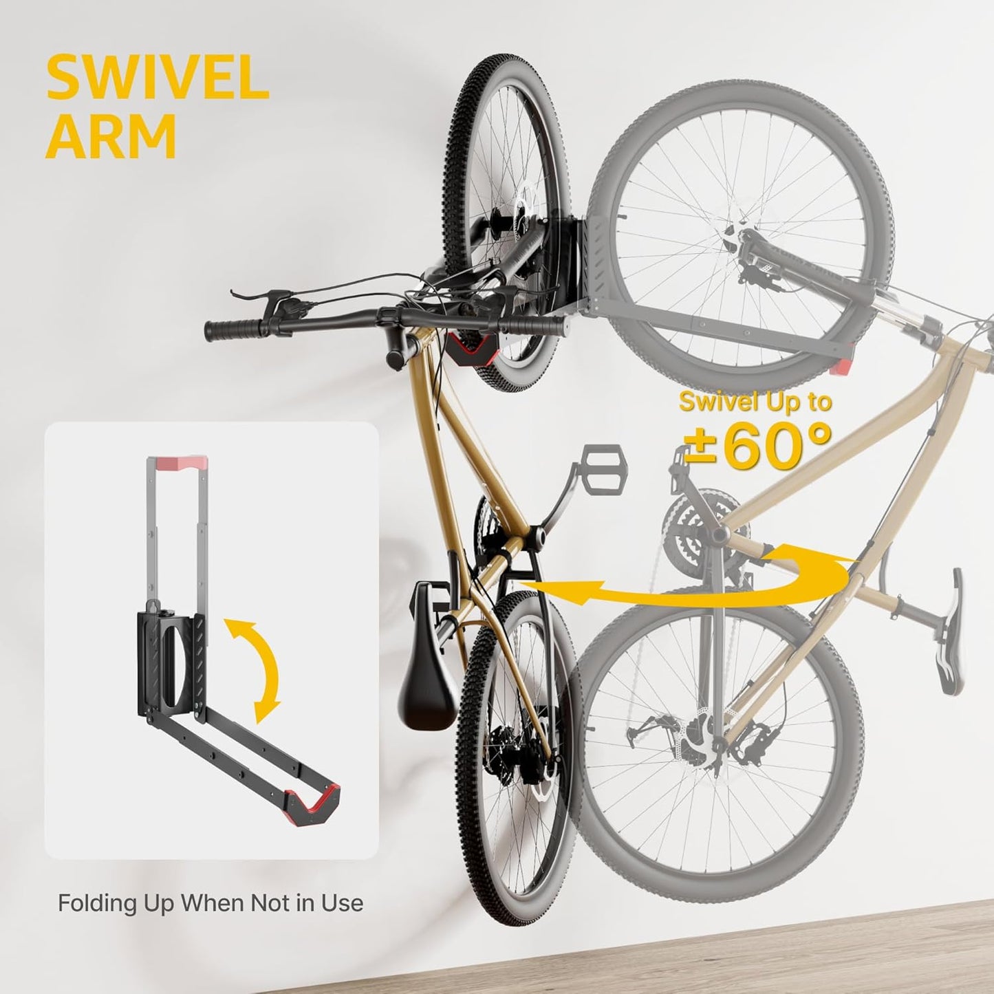 monTEK Swivel Bike Wall Mount, No Heavy Lifting Required Bike Wall Mount, Bike Hangers for Garage, Space-Saving Bike Rack Garage, Easy to Load and Unload, Bike Hanger Can Hold Up to 77 lbs, 2 Pack