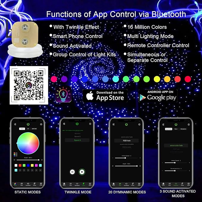 AKEPO Fiber Optic Star Ceiling Light Kit 20W Dual-Head RGBW Twinkle+APP+Sound Activated 830pcs of 13.1ft/4m Mixed Fiber Optic Strands for Car Headliner Star/Room