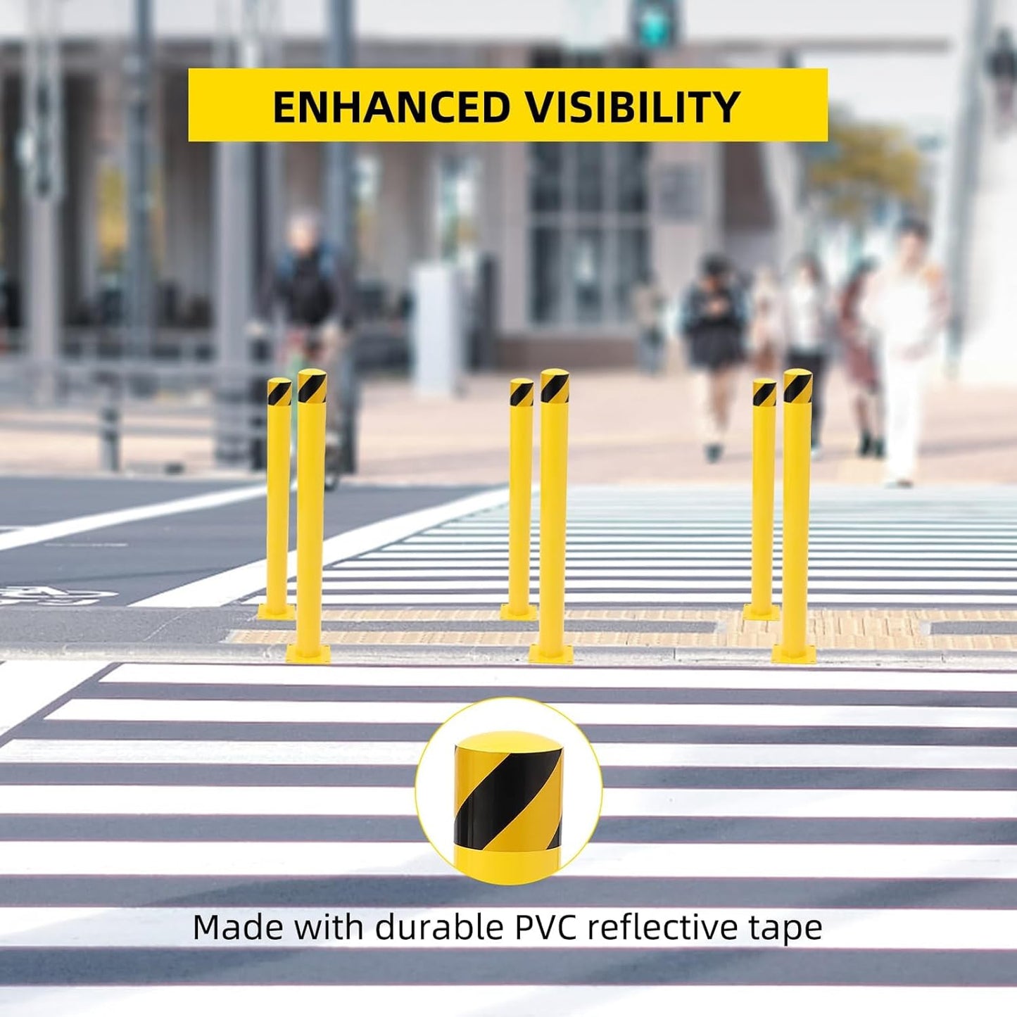 6Pcs Heavy Duty Safety Bollards, 42" Height, 4.5" Diameter Steel Pipe Bollard Post with 24 Anchor Bolts, High-Visibility Yellow Parking Bollard for Traffic Control, Warehouses, & Pedestrian Safety