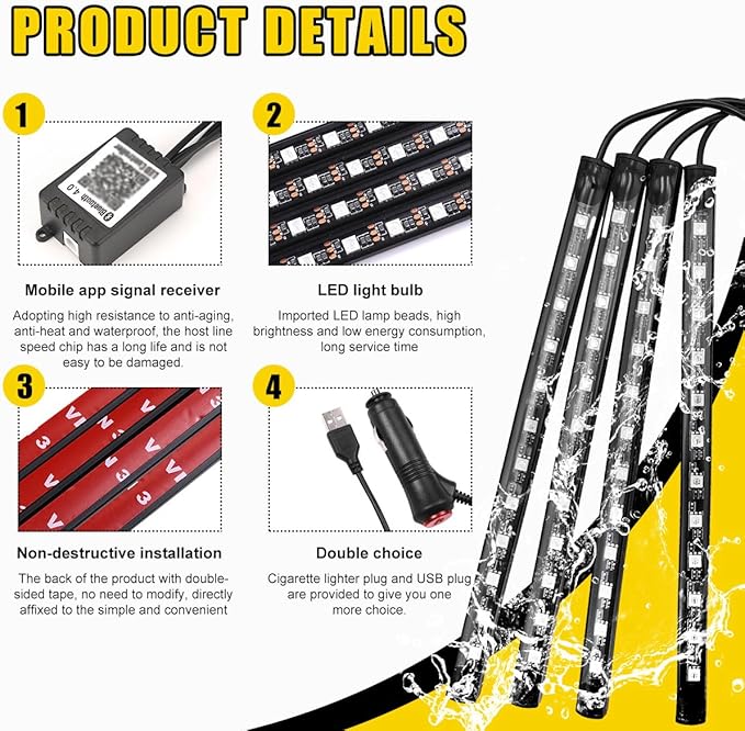 povtii Car Led Interior Lights, RBG 48 LED Multicolor Music Auto Interior Strip Light with APP Control, Waterproof Lighting Lamp Kit Under Dash with Charger, Car Accessories (Cigarette Lighter)