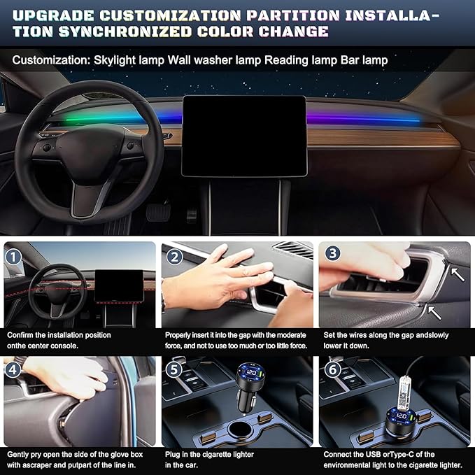 Dreamcolor Acrylic Interior Car LED Strip Light with USB/Type C/4-Port USB Cigarette Lighter,RGB 10 in 1 with 175 inches 650 LEDs Ambient Lighting Kits, Sound Active Function Neon Led Strips for Car